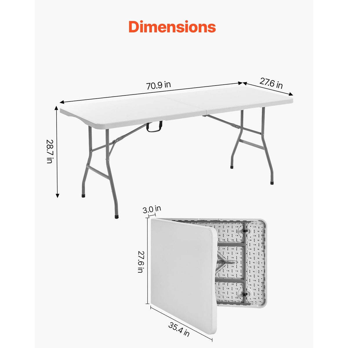 Folding Table, 6 Ft Heavy Duty Portable Fold-in-Half Utility Table, Indoor Outdoor Plastic Rectangle Table with Built in Handle, for Party, Dining, Wedding, Events, Picnic, Camping, White