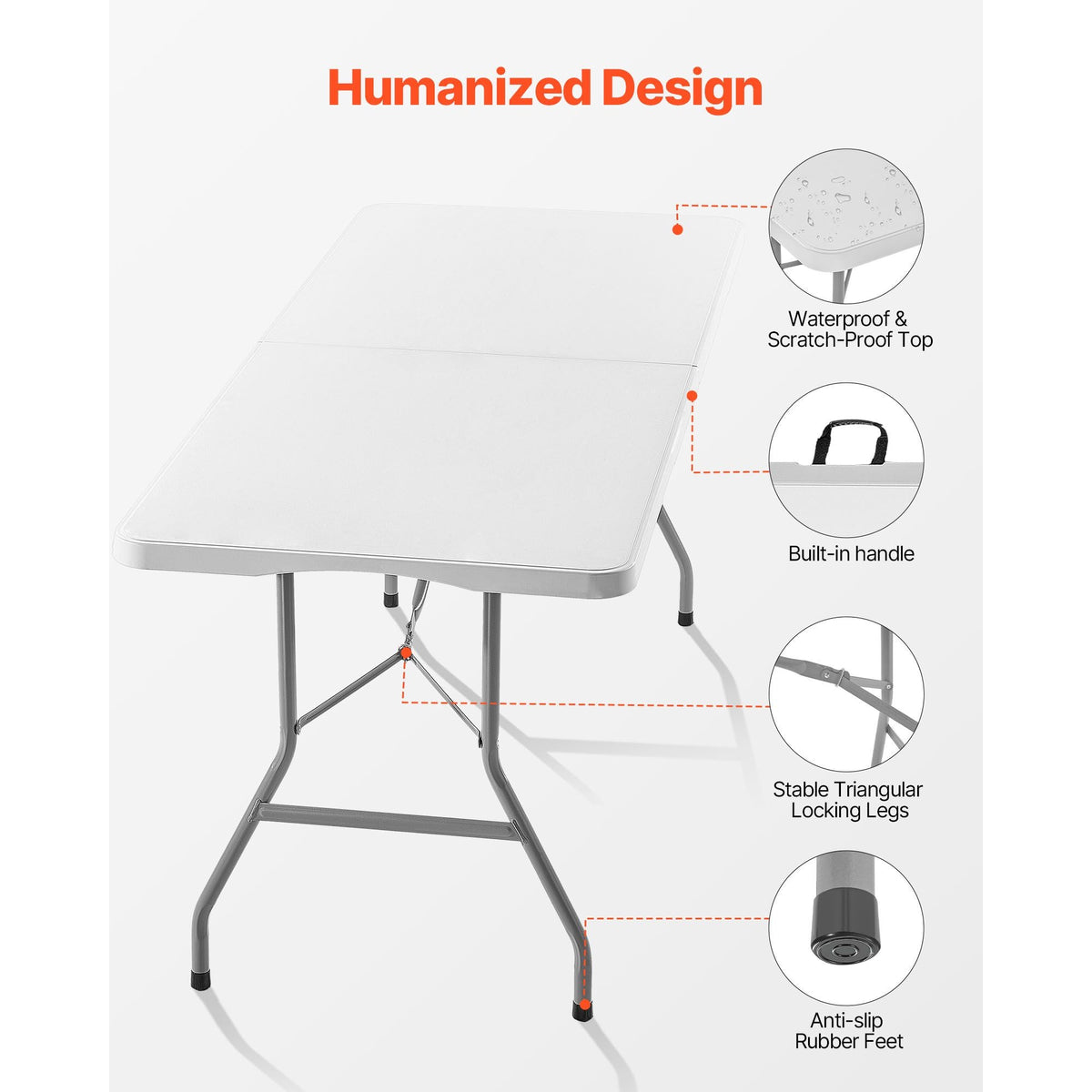 Folding Table, 6 Ft Heavy Duty Portable Fold-in-Half Utility Table, Indoor Outdoor Plastic Rectangle Table with Built in Handle, for Party, Dining, Wedding, Events, Picnic, Camping, White