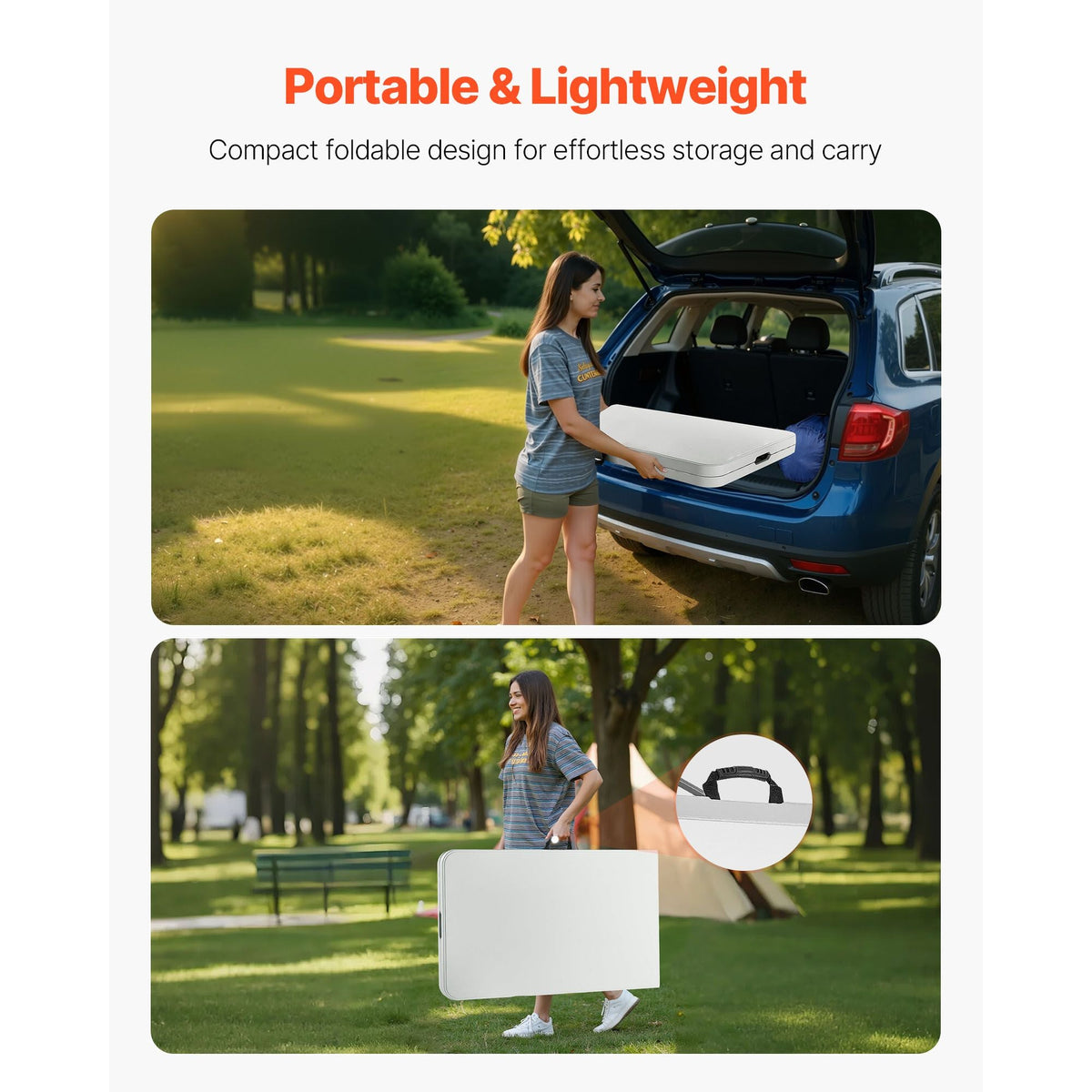 Folding Table, 8 Ft Heavy Duty Portable Fold-in-Half Utility Table, Indoor Outdoor Plastic Rectangle Table with Built in Handle, for Party, Dining, Wedding, Events, Picnic, Camping, White