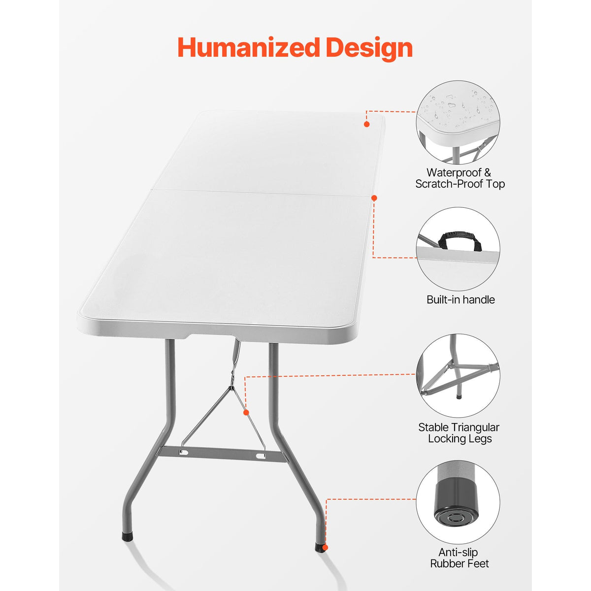 Folding Table, 8 Ft Heavy Duty Portable Fold-in-Half Utility Table, Indoor Outdoor Plastic Rectangle Table with Built in Handle, for Party, Dining, Wedding, Events, Picnic, Camping, White