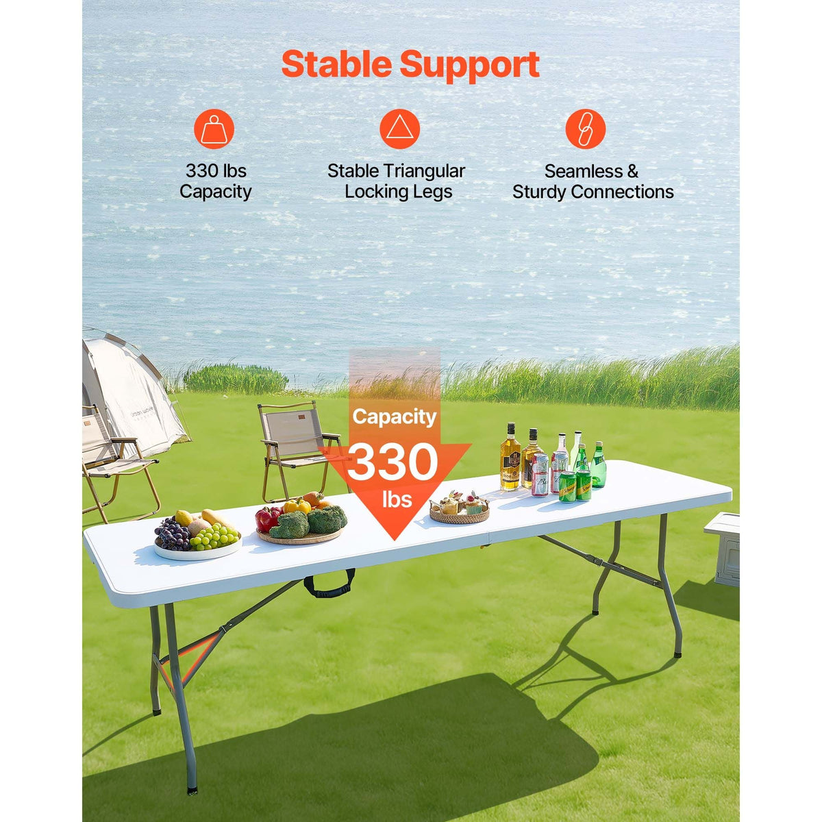 Folding Table, 8 Ft Heavy Duty Portable Fold-in-Half Utility Table, Indoor Outdoor Plastic Rectangle Table with Built in Handle, for Party, Dining, Wedding, Events, Picnic, Camping, White