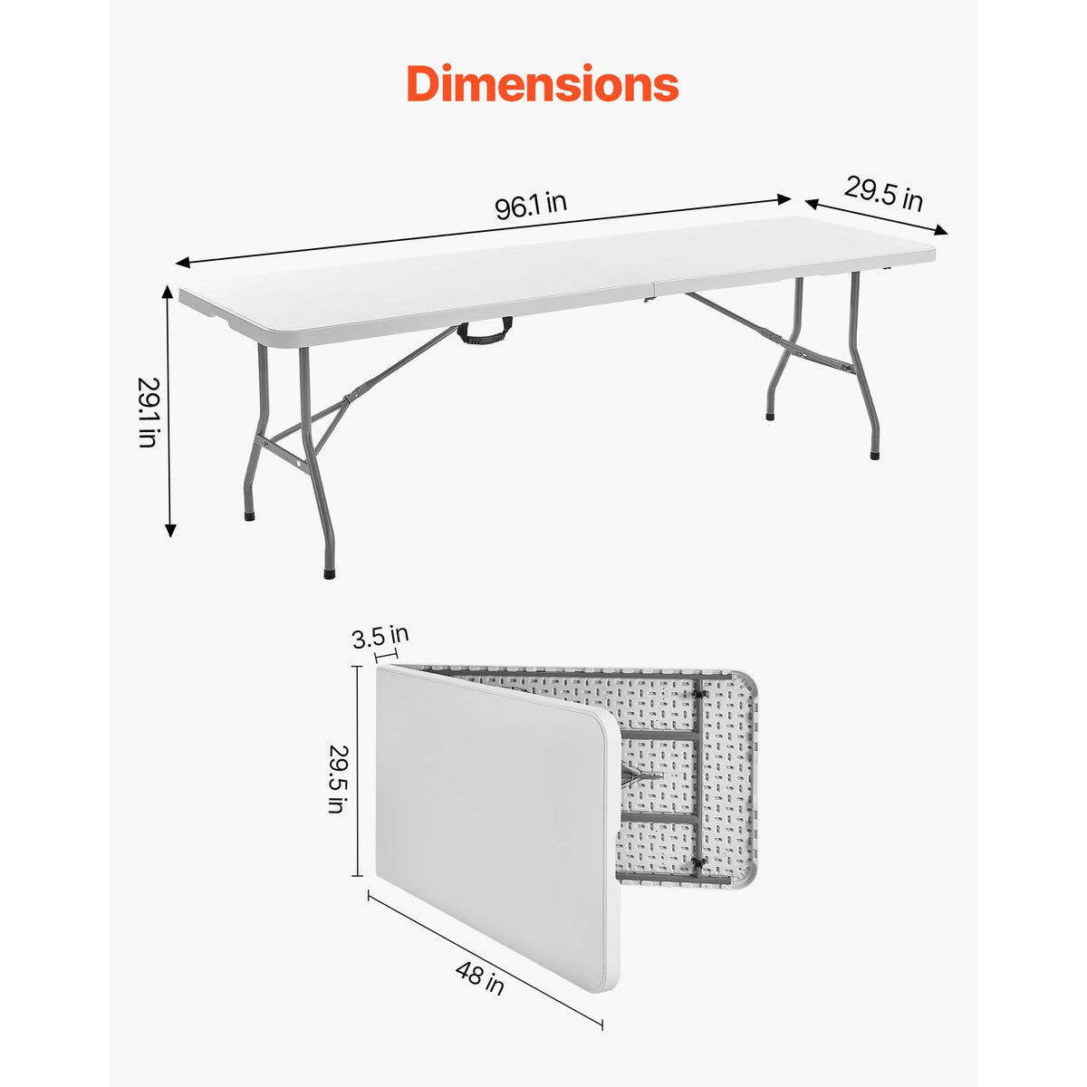 Folding Table, 8 Ft Heavy Duty Portable Fold-in-Half Utility Table, Indoor Outdoor Plastic Rectangle Table with Built in Handle, for Party, Dining, Wedding, Events, Picnic, Camping, White
