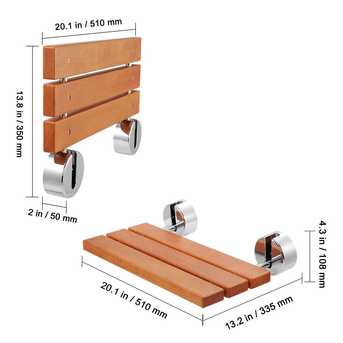Folding Teak Shower Seat, 20.1" x 13.2" Unfolded, Wall Mounted Fold Up Shower Bench with 440 lbs Load Capacity, Space Saving Home Care Fold Down Shower Chair, for Seniors Pregnant Women Children