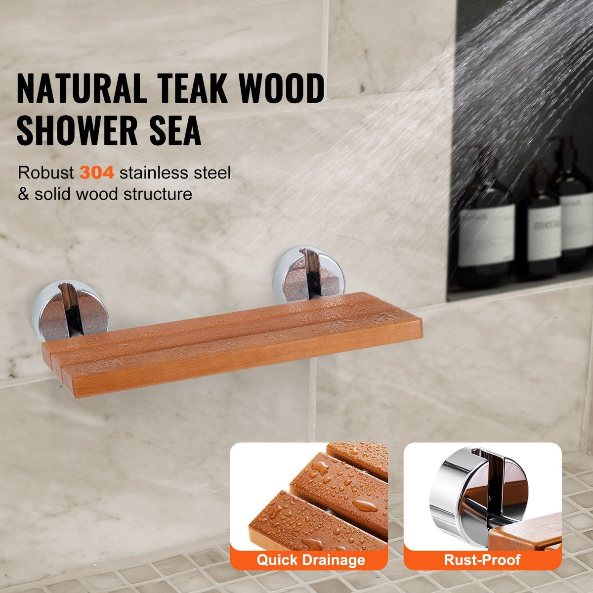 Folding Teak Shower Seat, 20.1" x 13.2" Unfolded, Wall Mounted Fold Up Shower Bench with 440 lbs Load Capacity, Space Saving Home Care Fold Down Shower Chair, for Seniors Pregnant Women Children