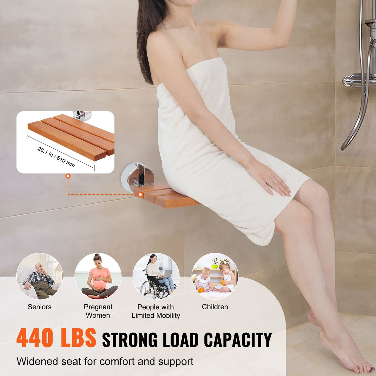 Folding Teak Shower Seat, 20.1" x 13.2" Unfolded, Wall Mounted Fold Up Shower Bench with 440 lbs Load Capacity, Space Saving Home Care Fold Down Shower Chair, for Seniors Pregnant Women Children