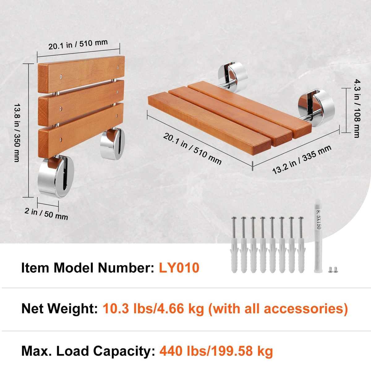 Folding Teak Shower Seat, 20.1" x 13.2" Unfolded, Wall Mounted Fold Up Shower Bench with 440 lbs Load Capacity, Space Saving Home Care Fold Down Shower Chair, for Seniors Pregnant Women Children