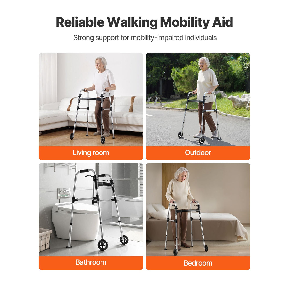 Folding Walker, 2-Button Foldable Walker with 5" Wheels & 8-Level Adjustable Height, 350LBS Loading Lightweight Aluminum Mobility Walking Aid, Front-Wheeled Rolling Walkers for Seniors Adults
