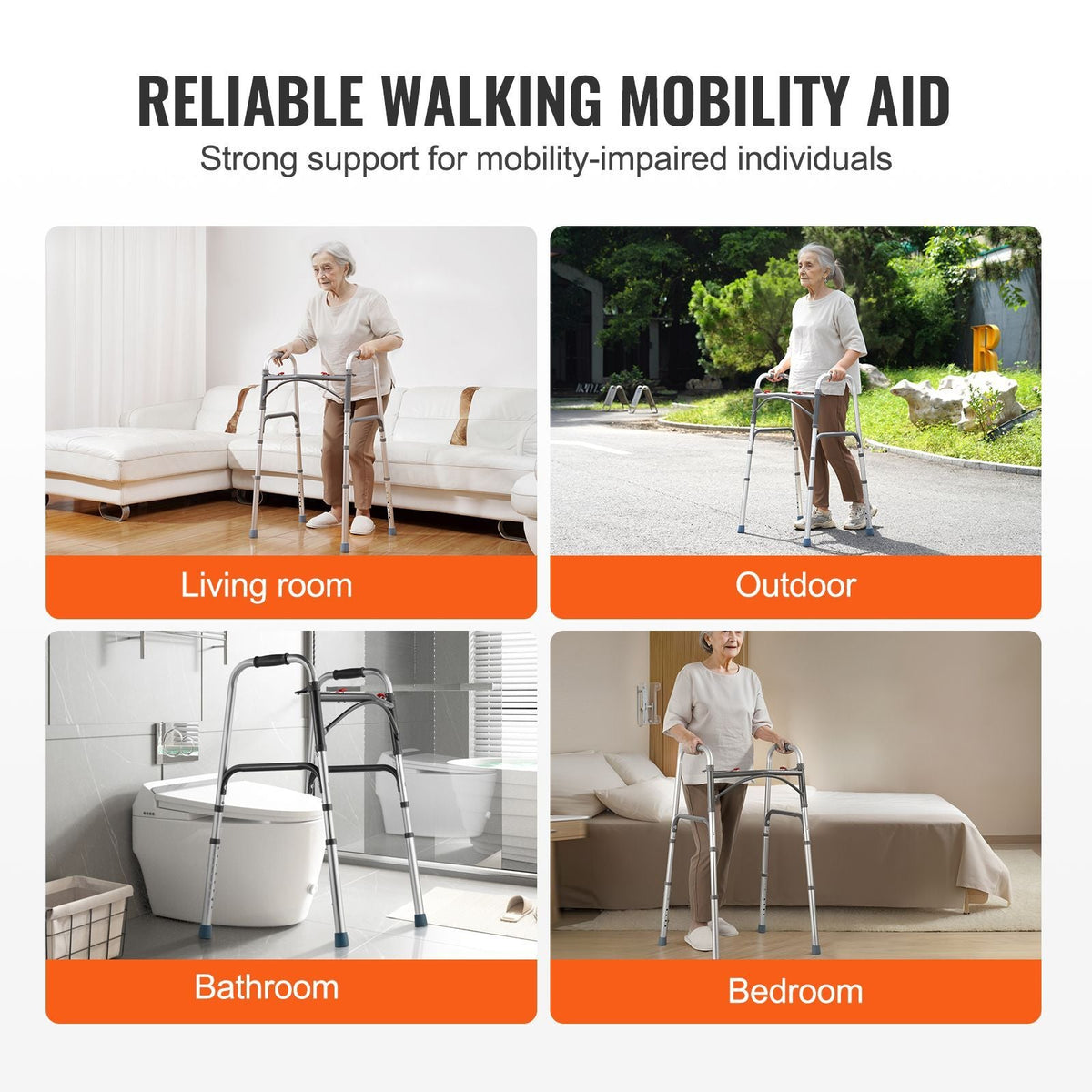 Folding Walker, 2-Button Folding Walkers with 8-Level Adjustable Height and Durable Handles, Lightweight Aluminum Mobility Walker Aid for Elderly Handicapped Disabled, Up to 350 Pounds