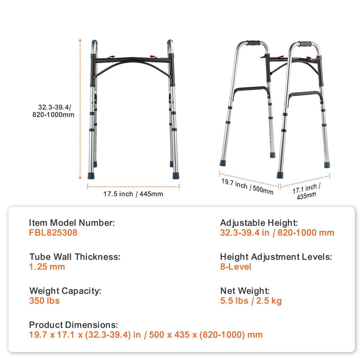 Folding Walker, 2-Button Folding Walkers with 8-Level Adjustable Height and Durable Handles, Lightweight Aluminum Mobility Walker Aid for Elderly Handicapped Disabled, Up to 350 Pounds
