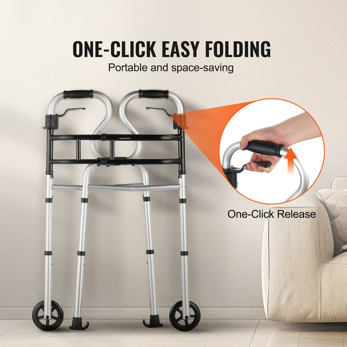 Folding Walker on Wheels, 3-in-1 Stand-Assist Folding Walkers with Adjustable Height and Width, Lightweight Aluminum | Front Wheeled Mobility Aid for Elderly Handicapped Disabled, Up to 350LBS