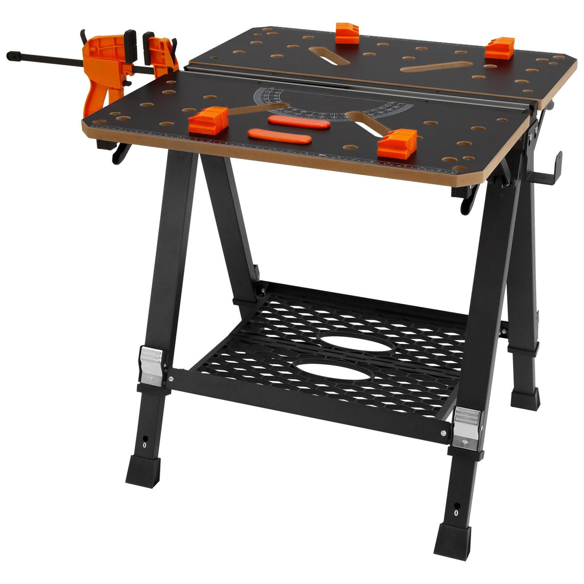 Folding Work Table, 2-in-1 as Sawhorse & Workbench, 1000 lbs Capacity, 7 Adjustable Heights, Steel Legs, Portable Foldable Tool Stand with Wood Clamp, 4 Bench Dogs, 2 Hooks, Easy Garage Storage