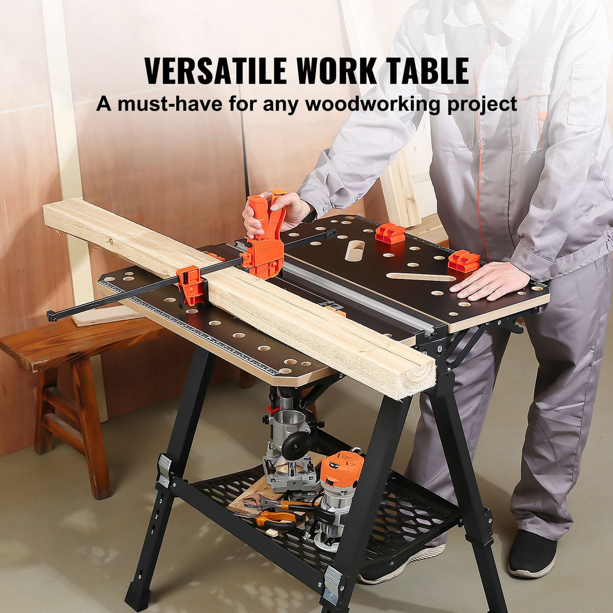 Folding Work Table, 2-in-1 as Sawhorse & Workbench, 1000 lbs Capacity, 7 Adjustable Heights, Steel Legs, Portable Foldable Tool Stand with Wood Clamp, 4 Bench Dogs, 2 Hooks, Easy Garage Storage