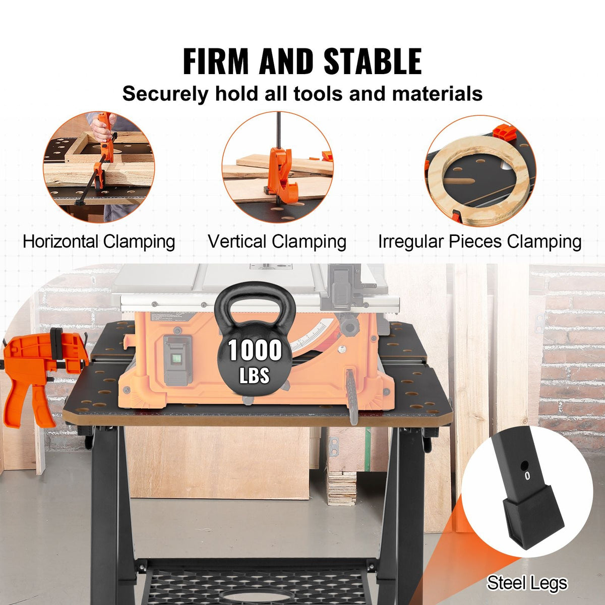 Folding Work Table, 2-in-1 as Sawhorse & Workbench, 1000 lbs Capacity, 7 Adjustable Heights, Steel Legs, Portable Foldable Tool Stand with Wood Clamp, 4 Bench Dogs, 2 Hooks, Easy Garage Storage