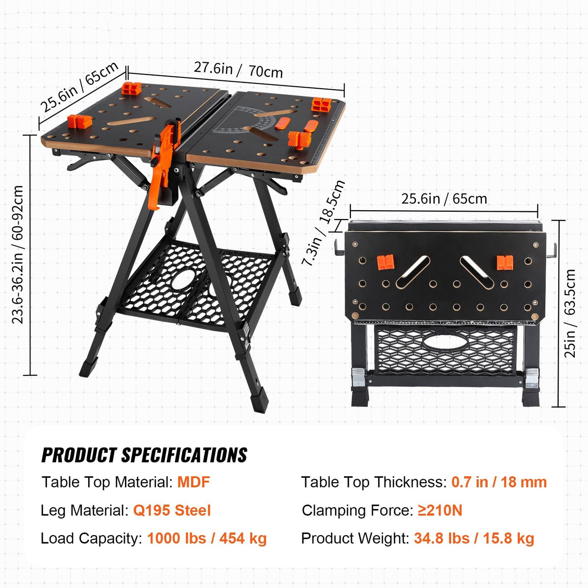 Folding Work Table, 2-in-1 as Sawhorse & Workbench, 1000 lbs Capacity, 7 Adjustable Heights, Steel Legs, Portable Foldable Tool Stand with Wood Clamp, 4 Bench Dogs, 2 Hooks, Easy Garage Storage