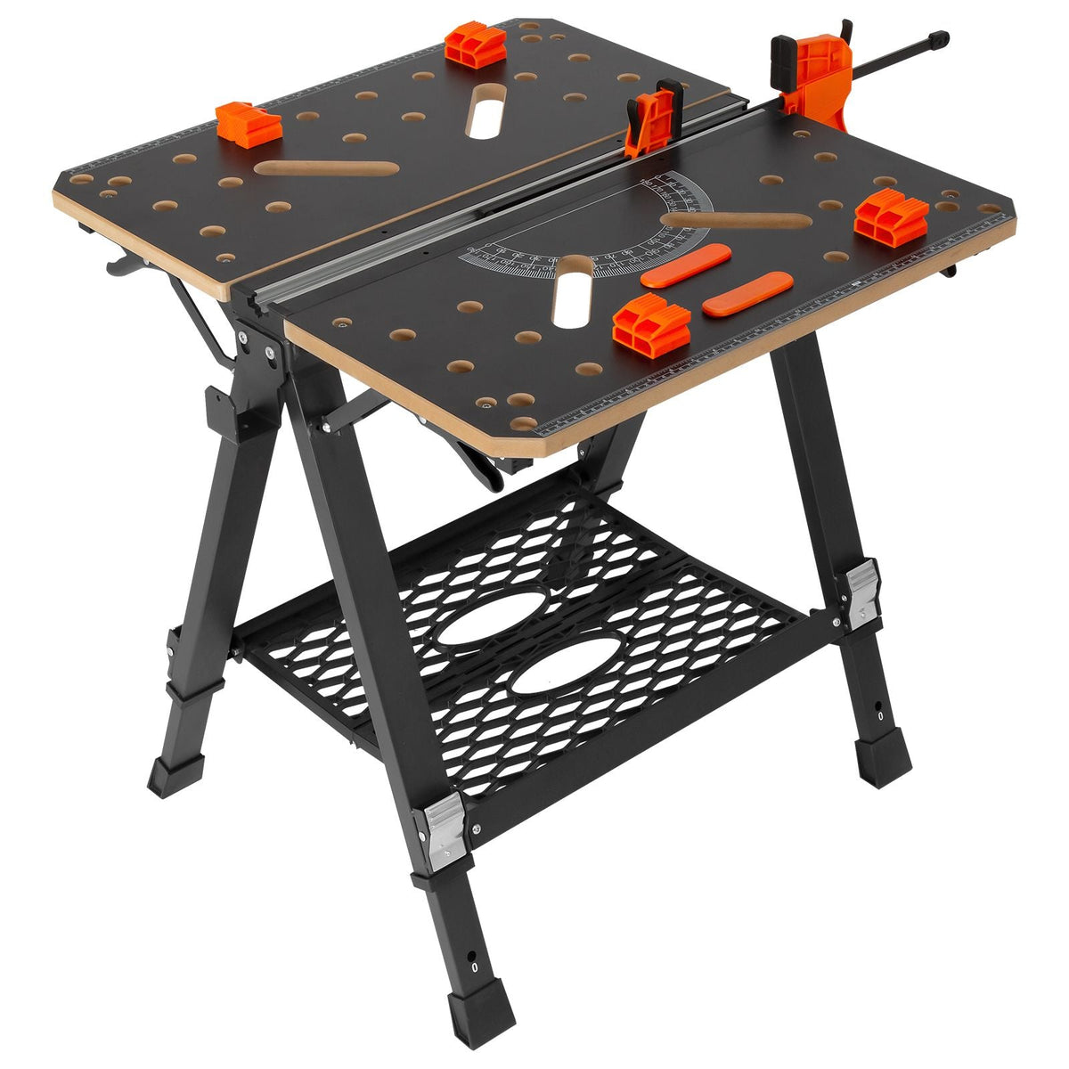 Folding Work Table, 2-in-1 as Sawhorse & Workbench, 1000 lbs Capacity, 7 Adjustable Heights, Steel Legs, Portable Foldable Tool Stand with Wood Clamp, 4 Bench Dogs, 2 Hooks, Easy Garage Storage