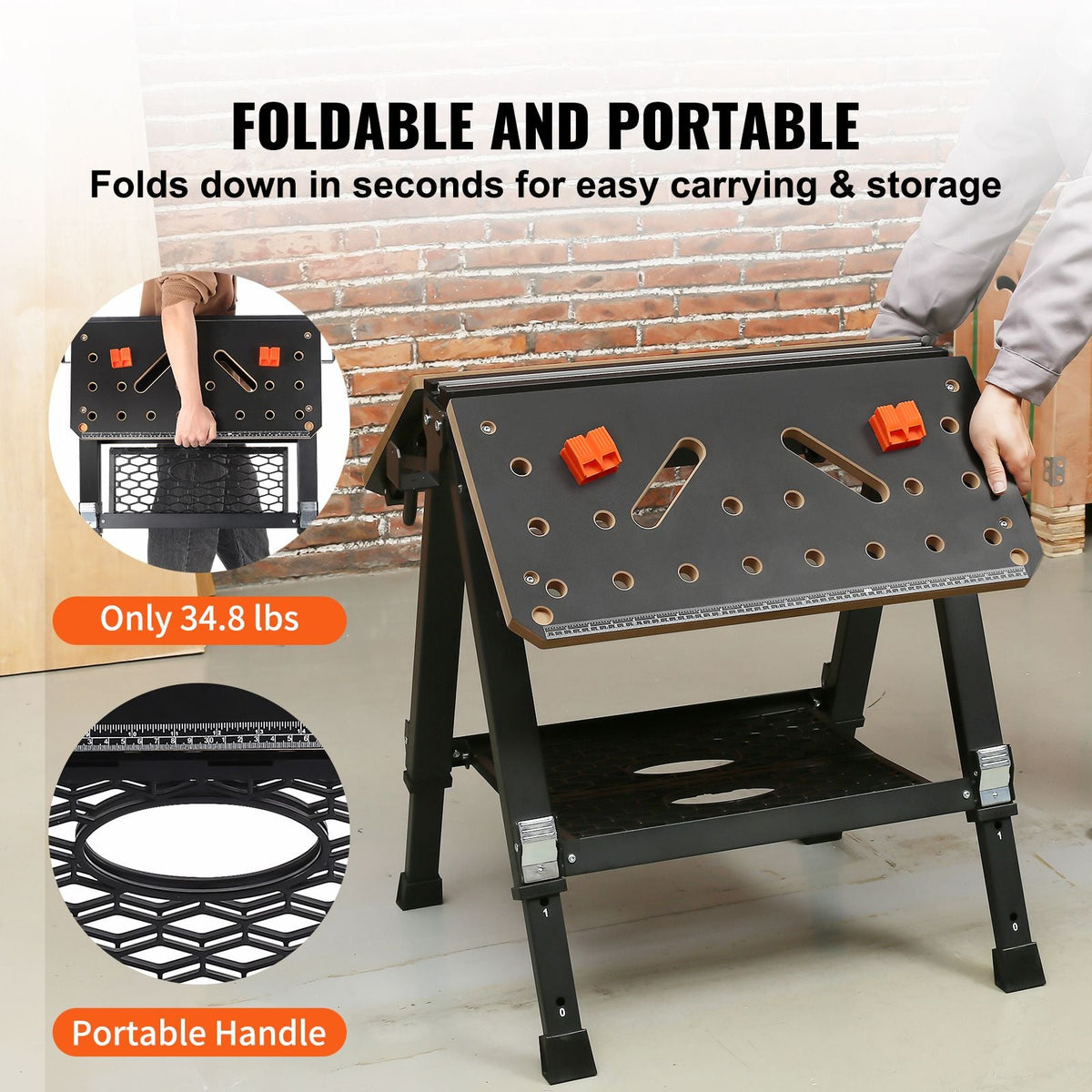 Folding Work Table, 2-in-1 as Sawhorse & Workbench, 1000 lbs Capacity, 7 Adjustable Heights, Steel Legs, Portable Foldable Tool Stand with Wood Clamp, 4 Bench Dogs, 2 Hooks, Easy Garage Storage