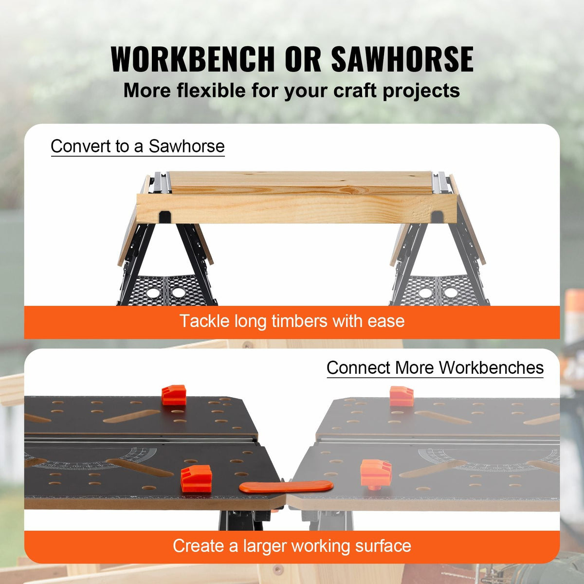 Folding Work Table, 2-in-1 as Sawhorse & Workbench, 1000 lbs Capacity, 7 Adjustable Heights, Steel Legs, Portable Foldable Tool Stand with Wood Clamp, 4 Bench Dogs, 2 Hooks, Easy Garage Storage