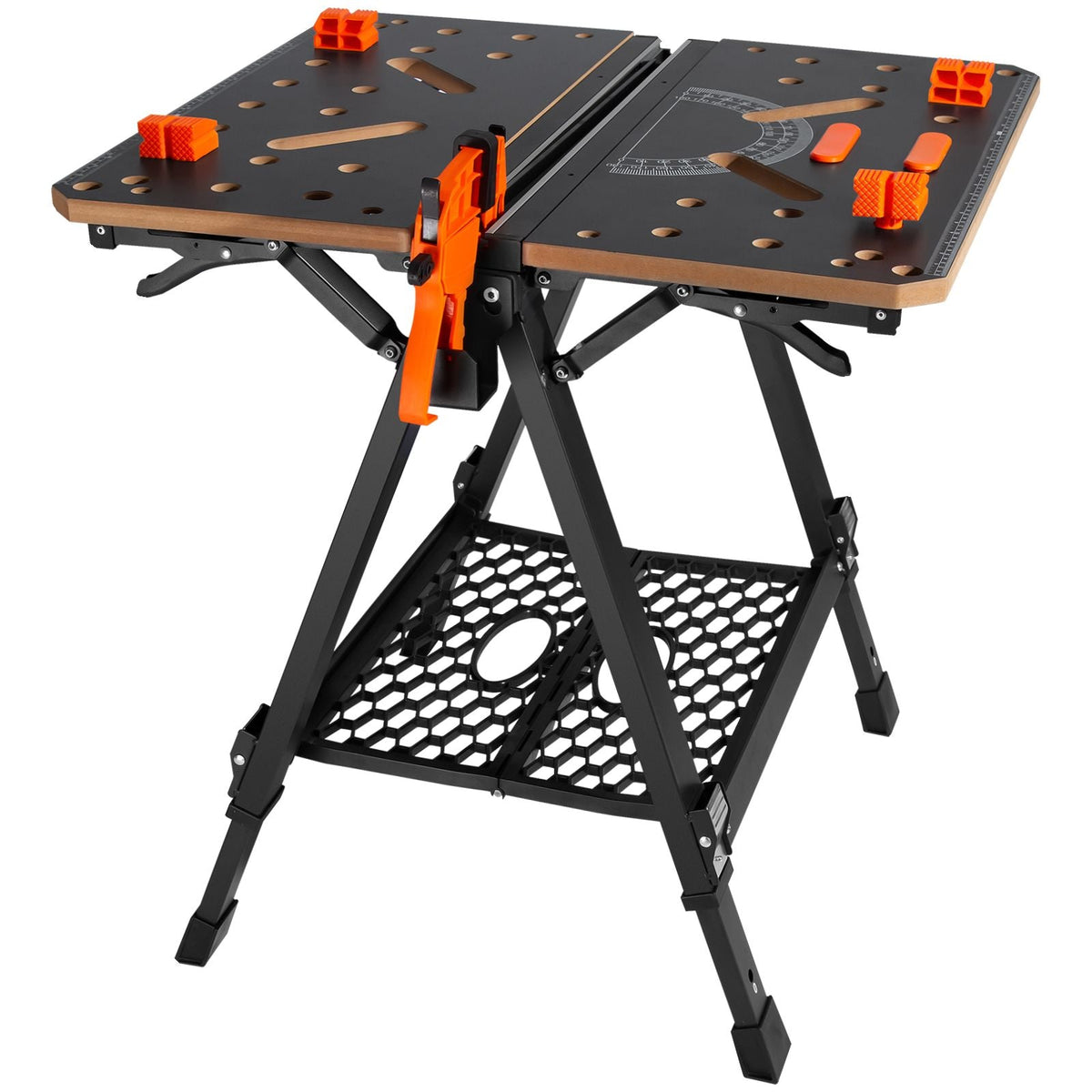 Folding Work Table, 2-in-1 as Sawhorse & Workbench, 1000 lbs Capacity, 7 Adjustable Heights, Steel Legs, Portable Foldable Tool Stand with Wood Clamp, 4 Bench Dogs, 2 Hooks, Easy Garage Storage