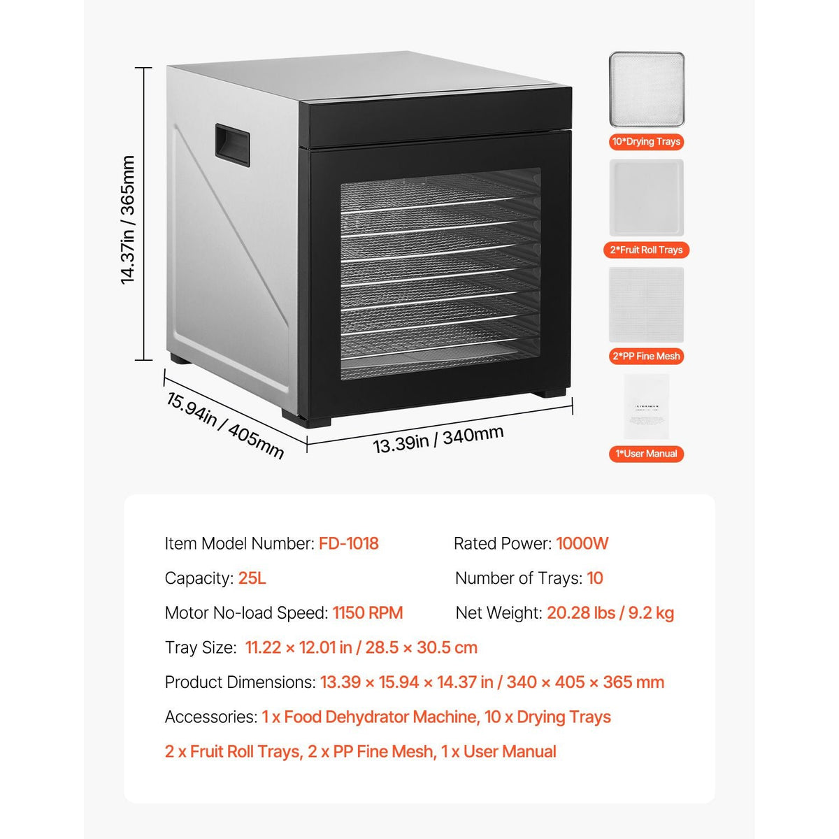 Food Dehydrator Machine, 10 Stainless Steel Trays, 1000W Electric Food Dryer with Adjustable Temperature & 24-Hour Timer, Freeze Dryer for Jerky, Meat, Fruit, Vegetables, Herbs, Dog Treats