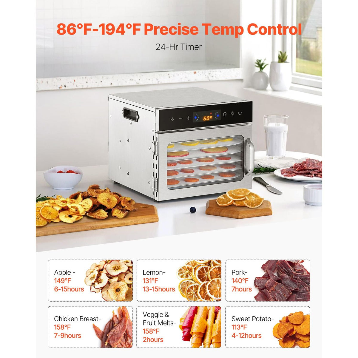 Food Dehydrator Machine, 6 Stainless Steel Trays, 400W Electric Food Dryer with Adjustable Temperature & 24-Hour Timer, Freeze Dryer for Jerky, Meat, Fruit, Vegetables, Herbs, Dog Treats