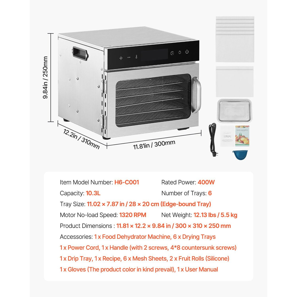 Food Dehydrator Machine, 6 Stainless Steel Trays, 400W Electric Food Dryer with Adjustable Temperature & 24-Hour Timer, Freeze Dryer for Jerky, Meat, Fruit, Vegetables, Herbs, Dog Treats