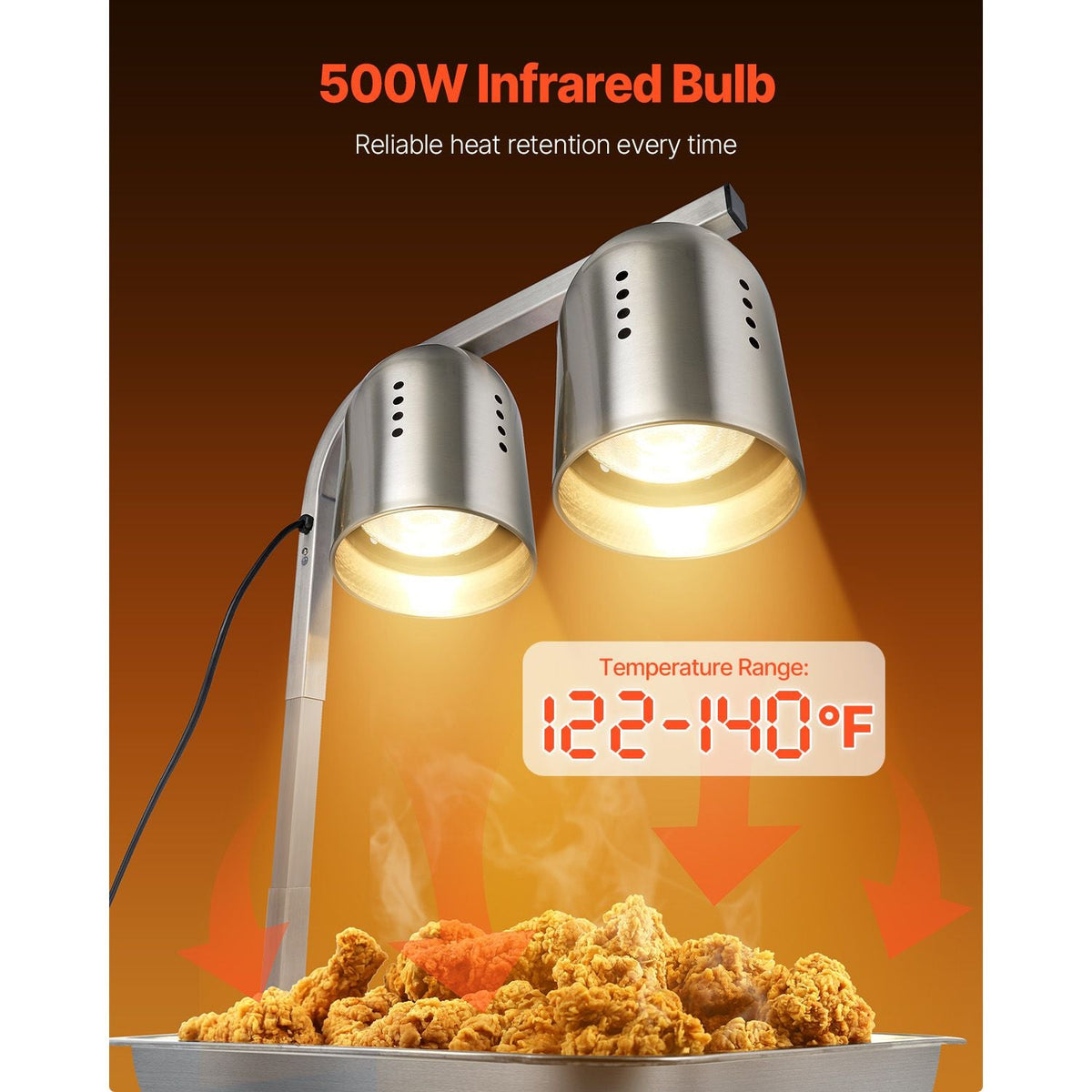 Food Heat Lamp, 500W Bulbs, Commercial Food Warmer Light, Electric Stainless Steel French Fry Heating Lamp, Free-standing, Catering Food Warming Equipment for Kitchen Buffet Restaurant, Silver