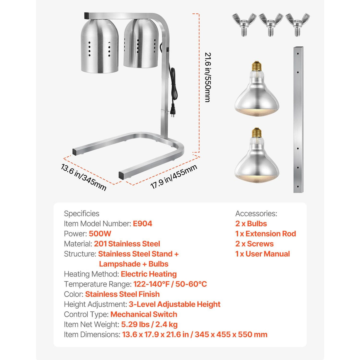 Food Heat Lamp, 500W Bulbs, Commercial Food Warmer Light, Electric Stainless Steel French Fry Heating Lamp, Free-standing, Catering Food Warming Equipment for Kitchen Buffet Restaurant, Silver