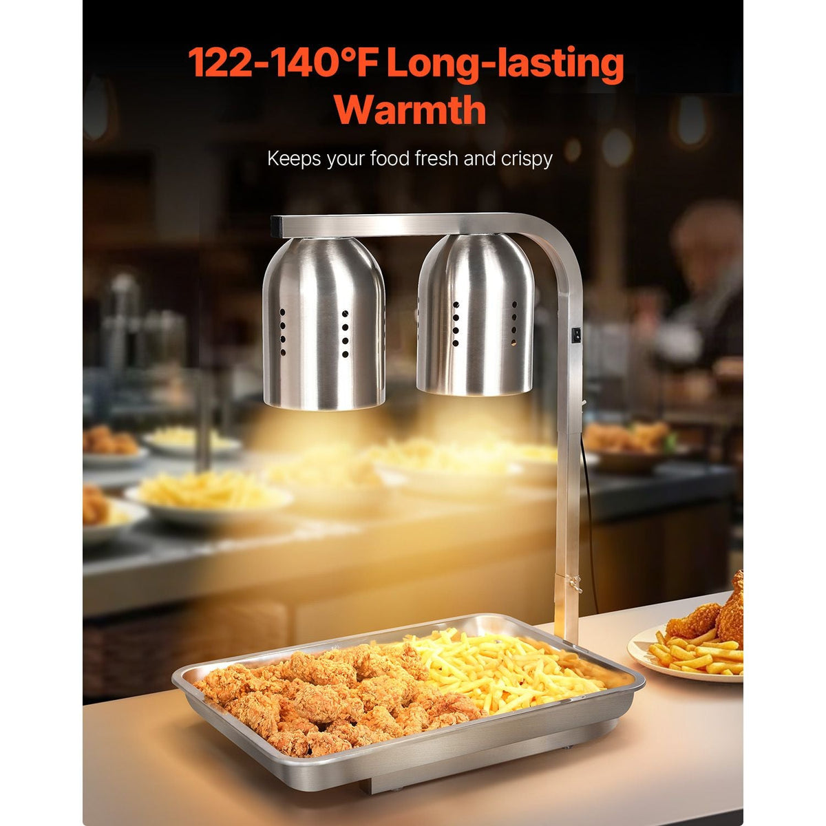 Food Heat Lamp, 500W Bulbs, Commercial Food Warmer Light, Electric Stainless Steel French Fry Heating Lamp, Free-standing, Catering Food Warming Equipment for Kitchen Buffet Restaurant, Silver