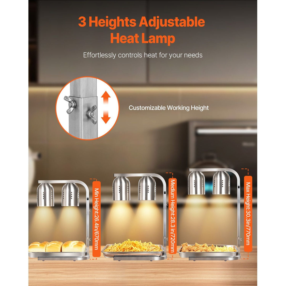Food Heat Lamp, 500W Bulbs, Commercial Food Warmer Light, Electric Stainless Steel French Fry Heating Lamp, Free-standing, Catering Food Warming Equipment for Kitchen Buffet Restaurant, Silver