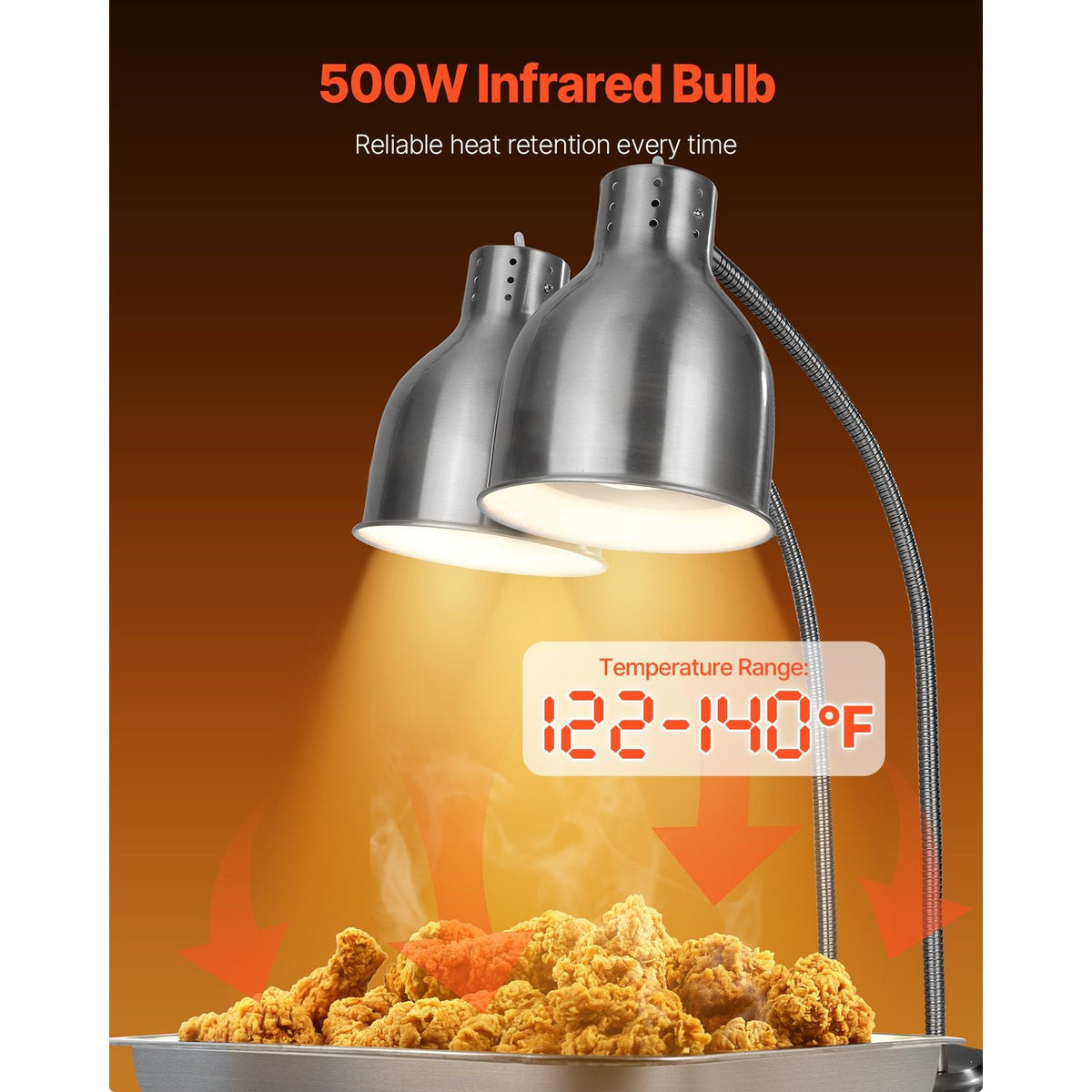 Food Heat Lamp, 500W Electric Commercial Food Warmer Light, 2-Head Stainless Steel French Fry Heating Lamp with 3 Bulbs, Catering Food Warming Equipment for Kitchen, Buffet, Restaurant, Silver