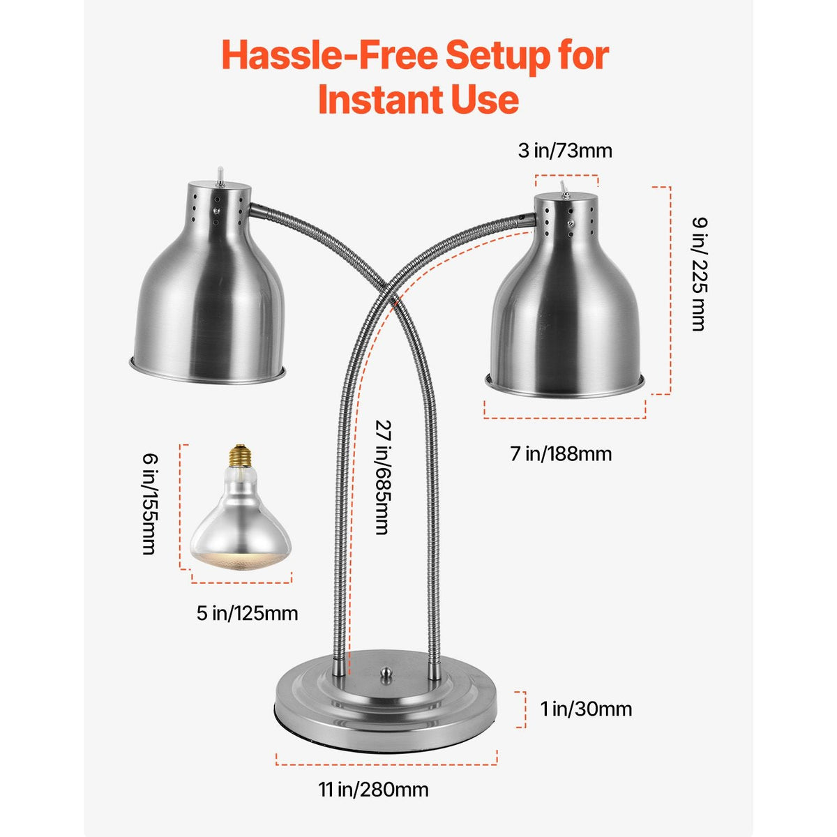Food Heat Lamp, 500W Electric Commercial Food Warmer Light, 2-Head Stainless Steel French Fry Heating Lamp with 3 Bulbs, Catering Food Warming Equipment for Kitchen, Buffet, Restaurant, Silver