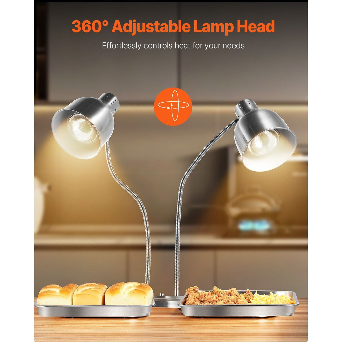 Food Heat Lamp, 500W Electric Commercial Food Warmer Light, 2-Head Stainless Steel French Fry Heating Lamp with 3 Bulbs, Catering Food Warming Equipment for Kitchen, Buffet, Restaurant, Silver