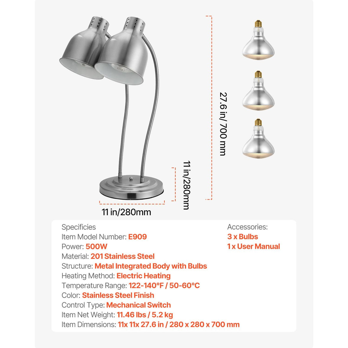 Food Heat Lamp, 500W Electric Commercial Food Warmer Light, 2-Head Stainless Steel French Fry Heating Lamp with 3 Bulbs, Catering Food Warming Equipment for Kitchen, Buffet, Restaurant, Silver