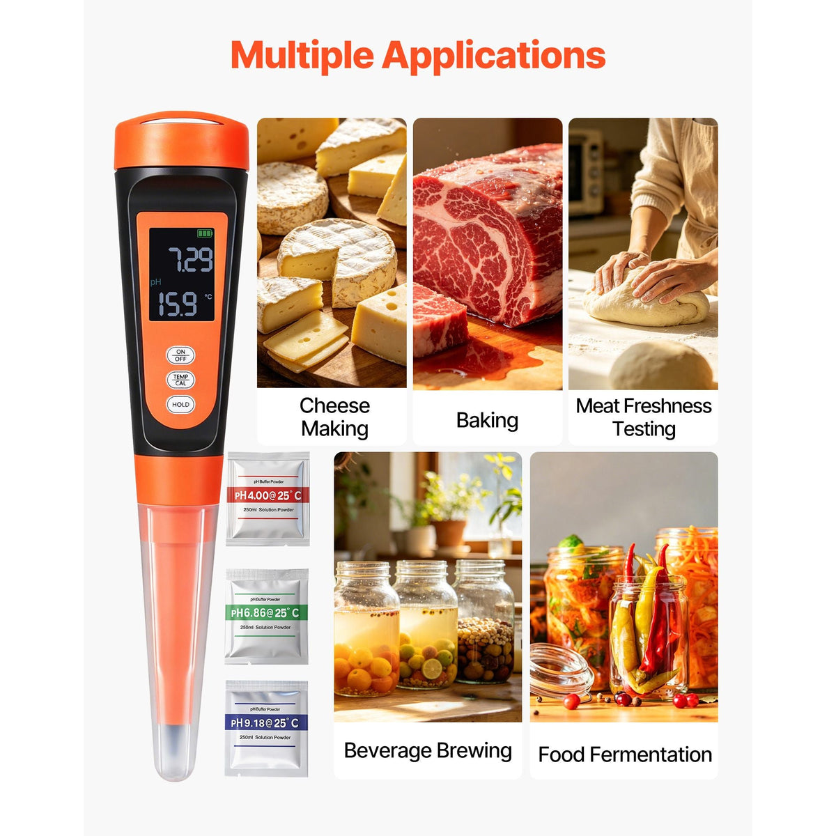 Food pH Meter, 0-14 pH Range, IP68 Waterproof Probe, Pocket Tester Kit with Automatic Temperature Compensation, Calibration Powder Packets, Easy to Read, for Food Fermentation, Dough, Meat