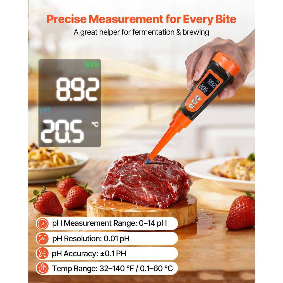 Food pH Meter, 0-14 pH Range, IP68 Waterproof Probe, Pocket Tester Kit with Automatic Temperature Compensation, Calibration Powder Packets, Easy to Read, for Food Fermentation, Dough, Meat