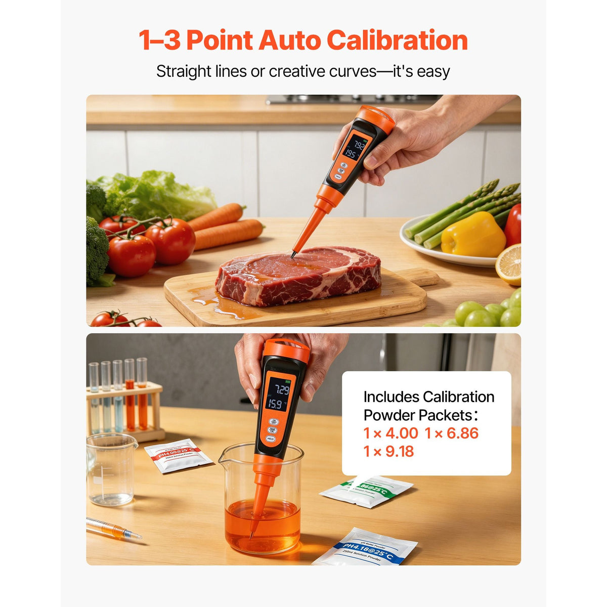 Food pH Meter, 0-14 pH Range, IP68 Waterproof Probe, Pocket Tester Kit with Automatic Temperature Compensation, Calibration Powder Packets, Easy to Read, for Food Fermentation, Dough, Meat