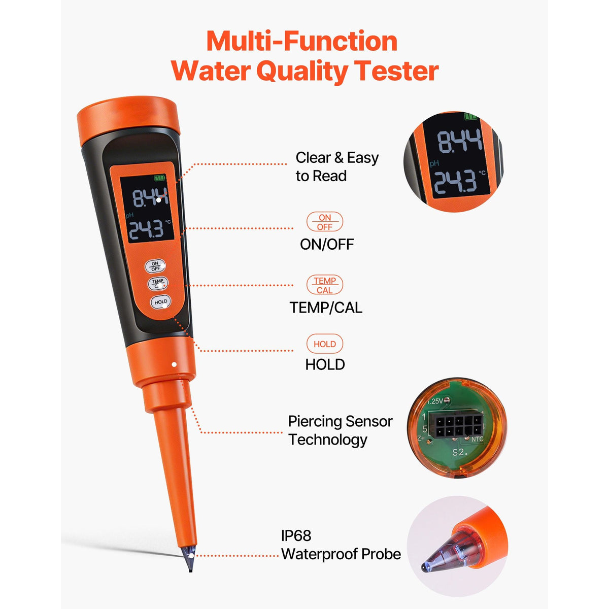 Food pH Meter, 0-14 pH Range, IP68 Waterproof Probe, Pocket Tester Kit with Automatic Temperature Compensation, Calibration Powder Packets, Easy to Read, for Food Fermentation, Dough, Meat