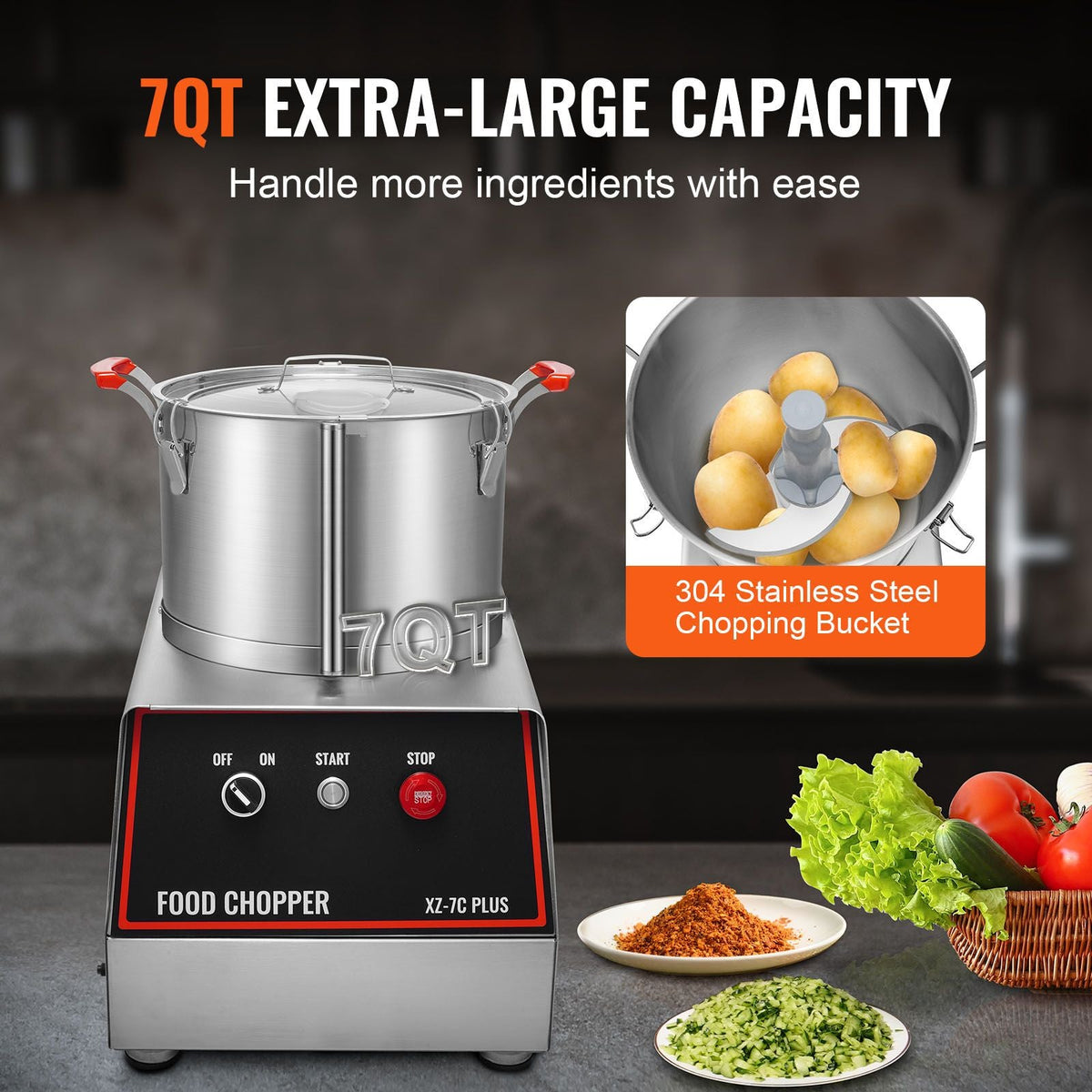 Food Processor & Vegetable Chopper, 7 Quart Bowl, 750W Food-Grade Stainless Steel Food Processor Chopper with 2 Extra S-Curve Blades, Multifunctional for Chopping Vegetables, Meat, Grains, Nuts