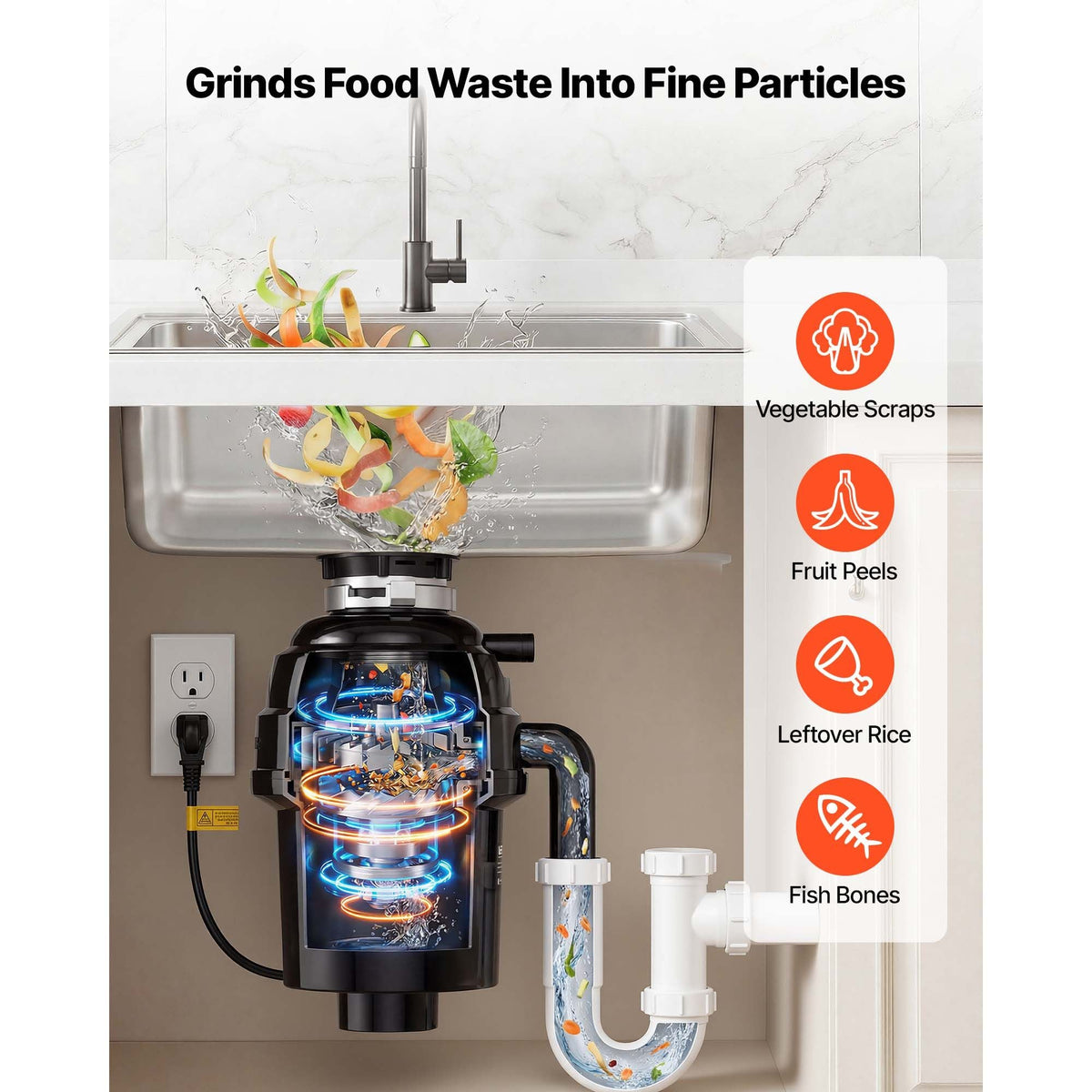 Food Waste Garbage Disposal, 1HP 3500RPM DC Motor, Continuous Feed Kitchen Sink Garbage Disposer, EZ Connect Food Waste Grinding System with Sound Reduction & Power Cord for Kitchens