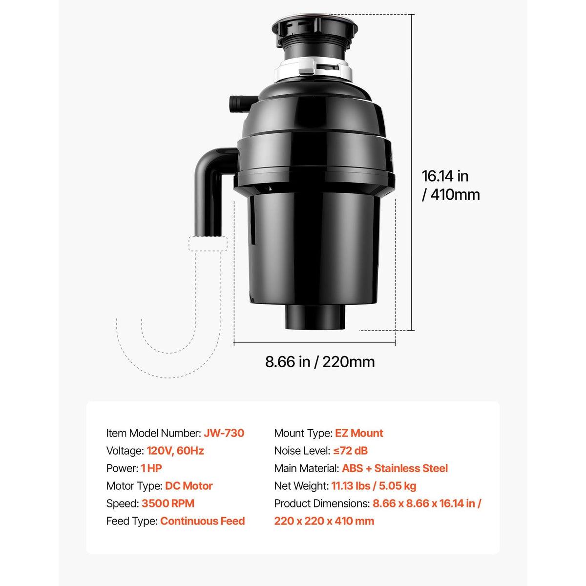 Food Waste Garbage Disposal, 1HP 3500RPM DC Motor, Continuous Feed Kitchen Sink Garbage Disposer, EZ Connect Food Waste Grinding System with Sound Reduction & Power Cord for Kitchens