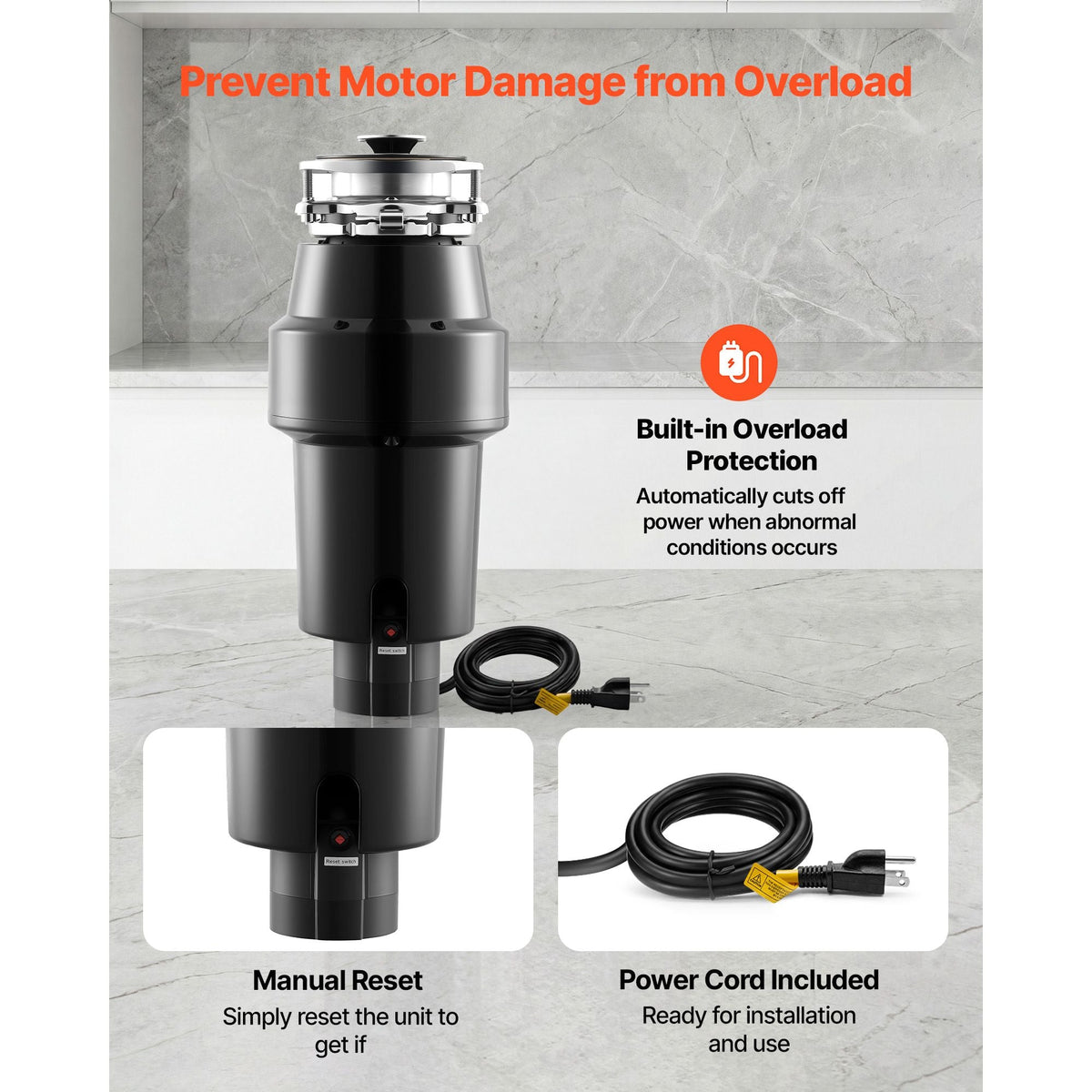Food Waste Garbage Disposal, 1HP 3700RPM DC Motor, Continuous Feed Kitchen Sink Garbage Disposer, 3-Bolt Mount Food Waste Grinding System with Splash Guard & Power Cord for Kitchens