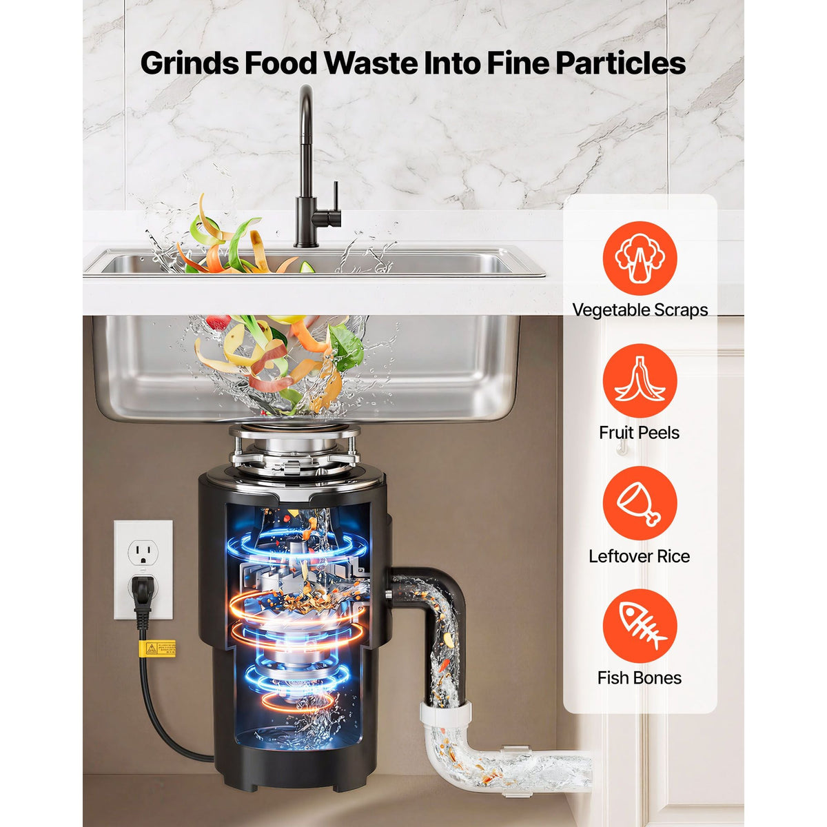 Food Waste Garbage Disposal, 3/4HP 1500RPM AC Motor, Continuous Feed Kitchen Sink Garbage Disposer, 3-Bolt Mount Food Waste Grinding System with Splash Guard & Power Cord for Kitchens