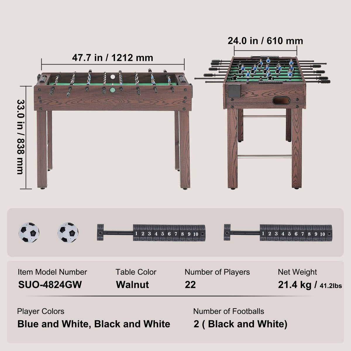 Foosball Table, 48 inch Standard Size Foosball Table, Indoor Full Size Foosball Table for Home, Family, and Game Room, Soccer with Foosball Table Set, Includes 2 Balls and 2 Cup Holders