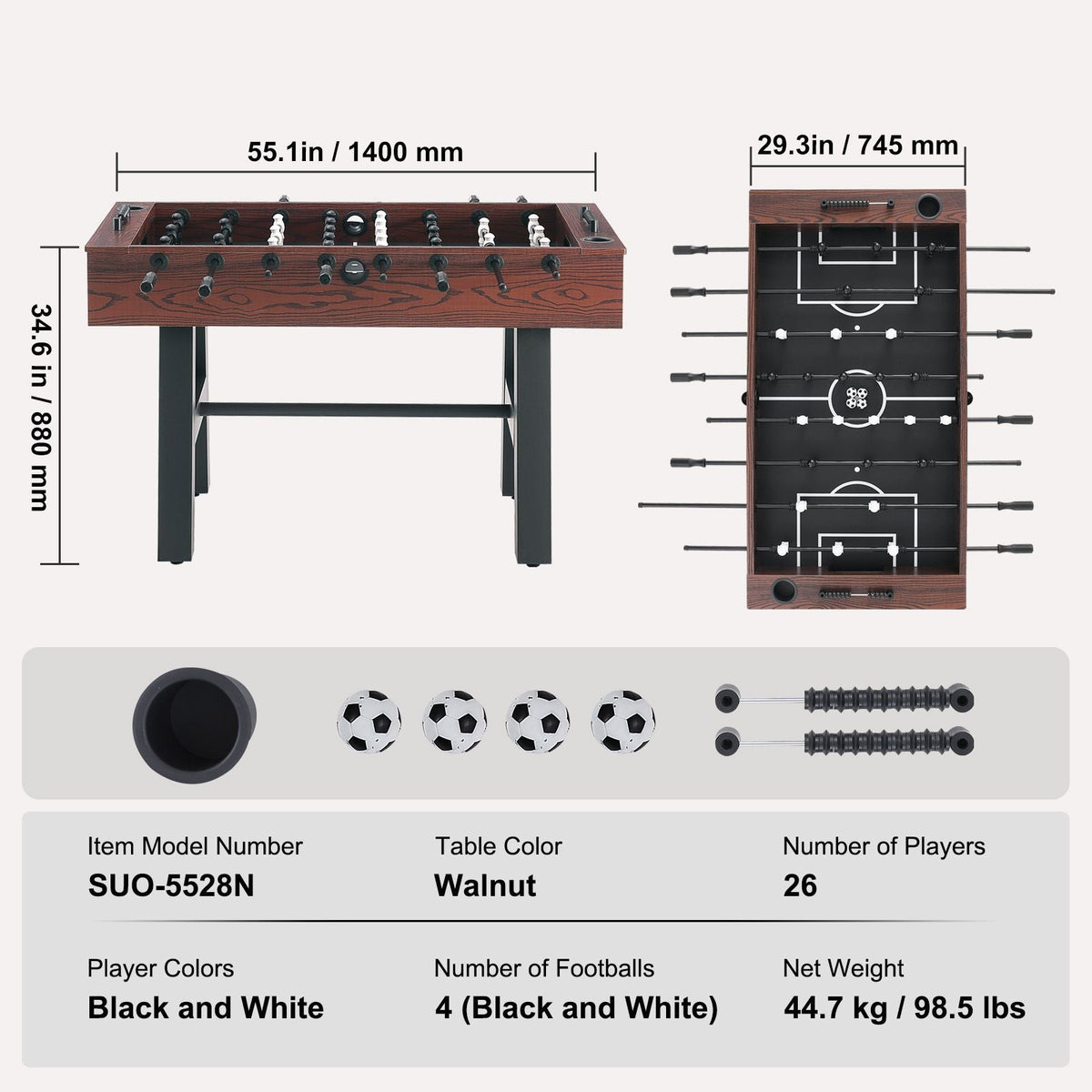 Foosball Table, 55 inch Standard Size Foosball Table, Indoor Full Size Foosball Table for Home, Family, and Game Room, Soccer with Foosball Table Set, Includes 4 Balls and 2 Cup Holders