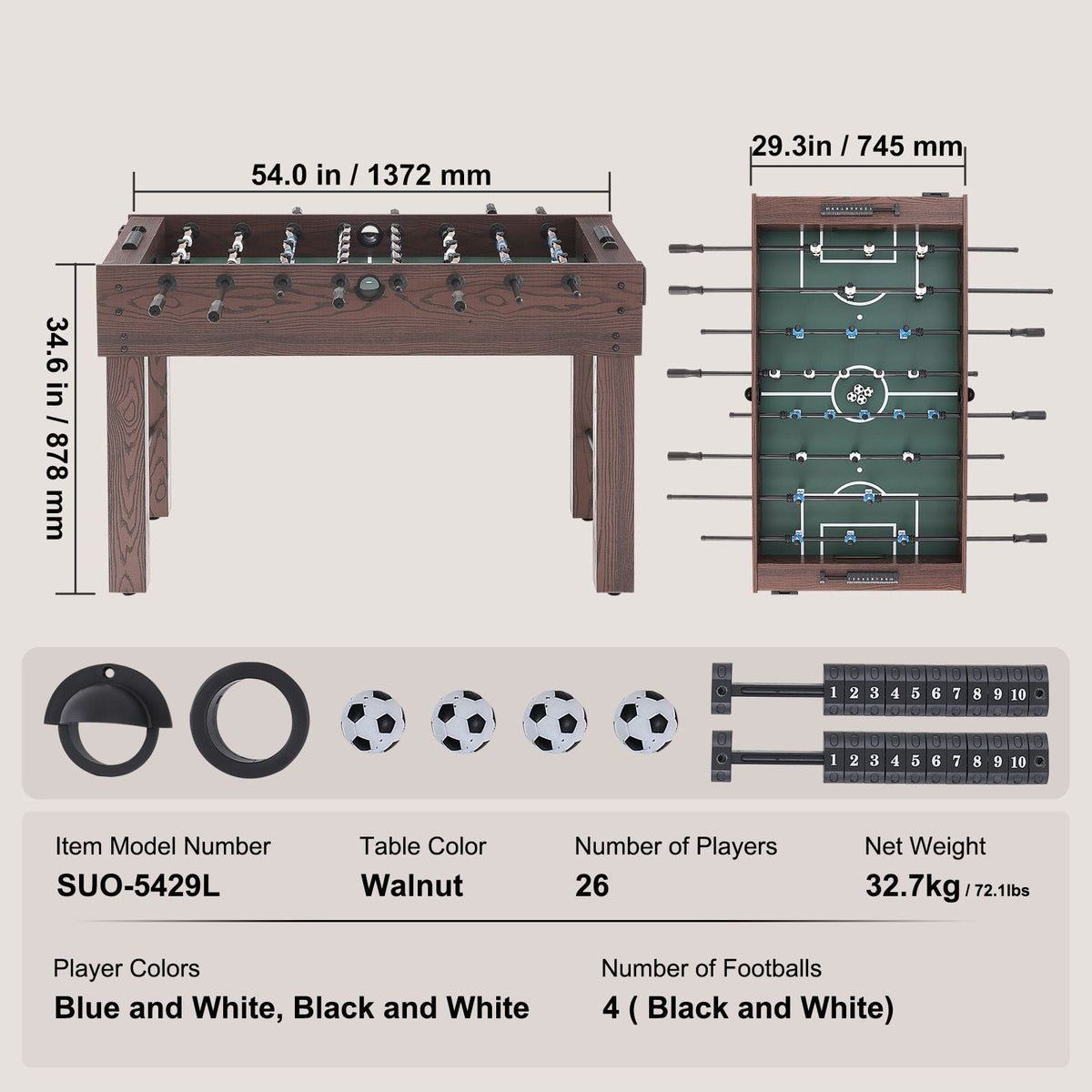 Foosball Table, 55 inch Standard Size Foosball Table, Indoor Full Size Foosball Table for Home, Family, and Game Room, Soccer with Foosball Table Set, Includes 4 Balls and 2 Cup Holders