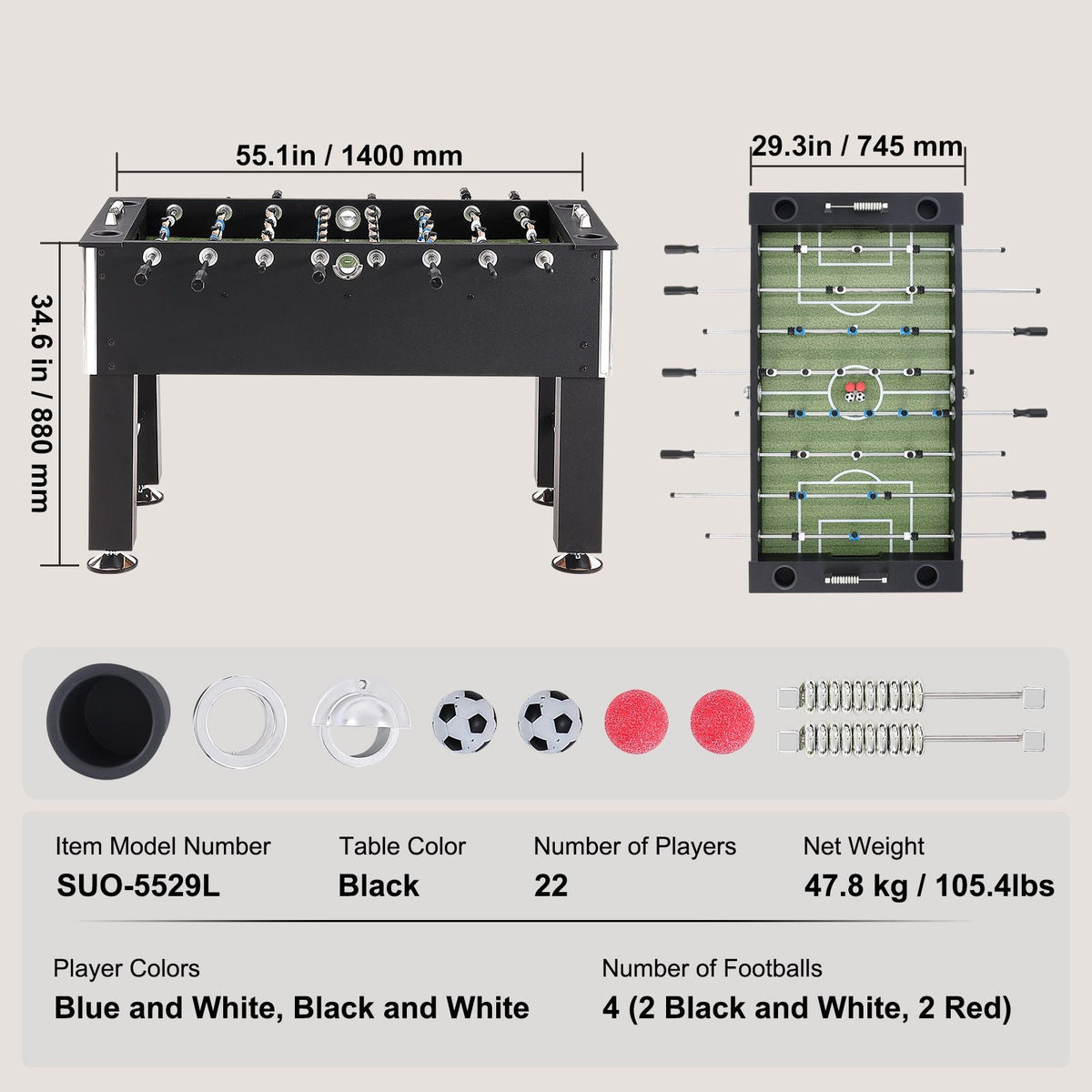 Foosball Table, 55 inch Standard Size Foosball Table, Indoor Full Size Foosball Table for Home, Family, and Game Room, Soccer with Foosball Table Set, Includes 4 Balls and 4 Cup Holders