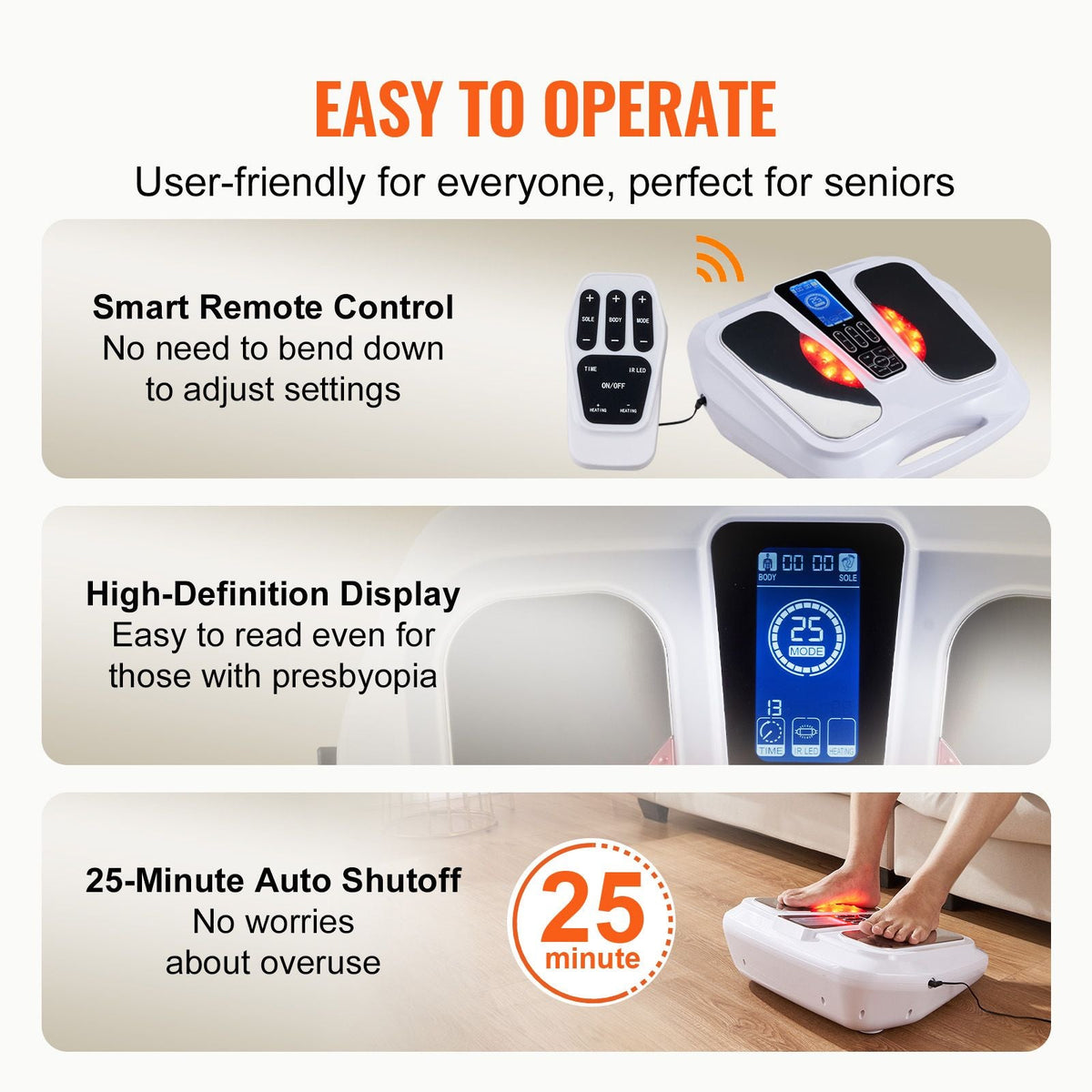 Foot Circulation Stimulator with Heat, EMS & TENS Foot Massager for Neuropathy, Electric Foot Stimulator with 3-Level Temperature, 25 Modes & 50 Intensities for Pain Relief, Plantar Fasciitis