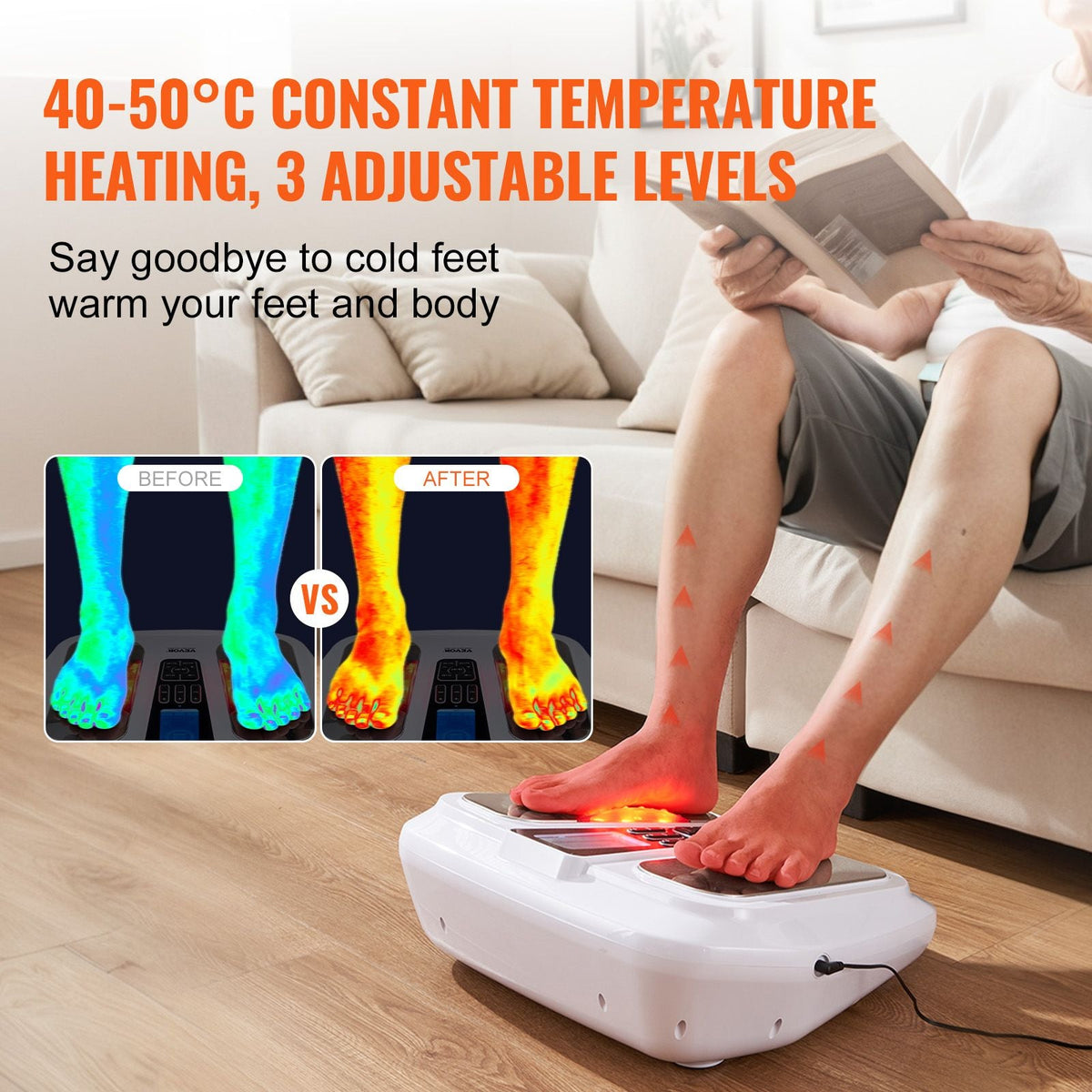 Foot Circulation Stimulator with Heat, EMS & TENS Foot Massager for Neuropathy, Electric Foot Stimulator with 3-Level Temperature, 25 Modes & 50 Intensities for Pain Relief, Plantar Fasciitis