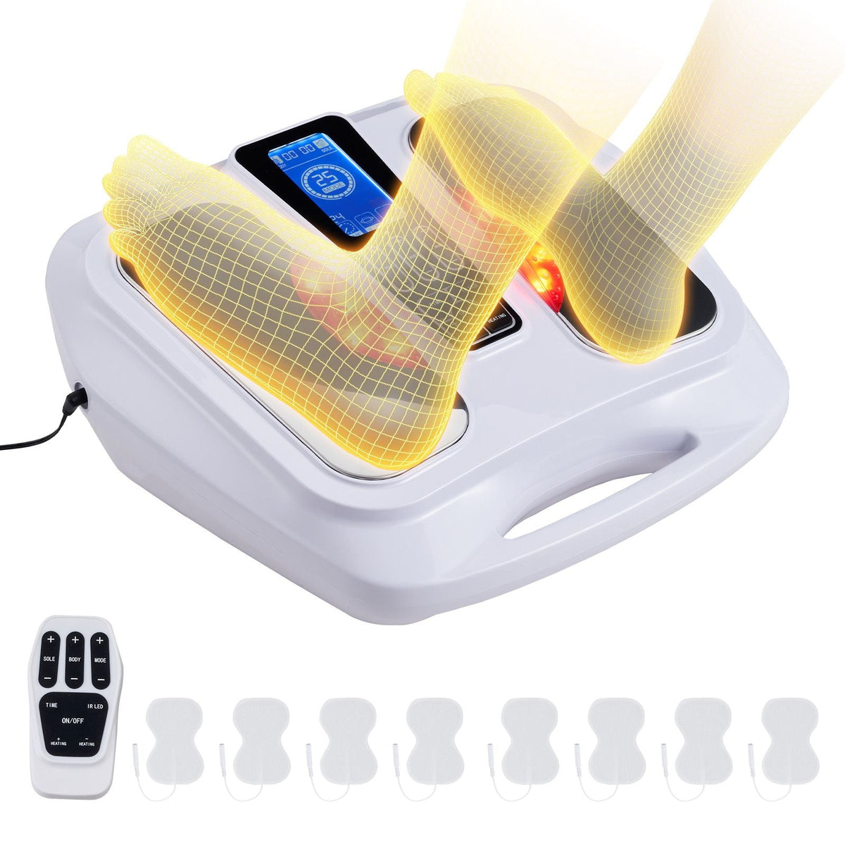 Foot Circulation Stimulator with Heat, EMS & TENS Foot Massager for Neuropathy, Electric Foot Stimulator with 3-Level Temperature, 25 Modes & 50 Intensities for Pain Relief, Plantar Fasciitis