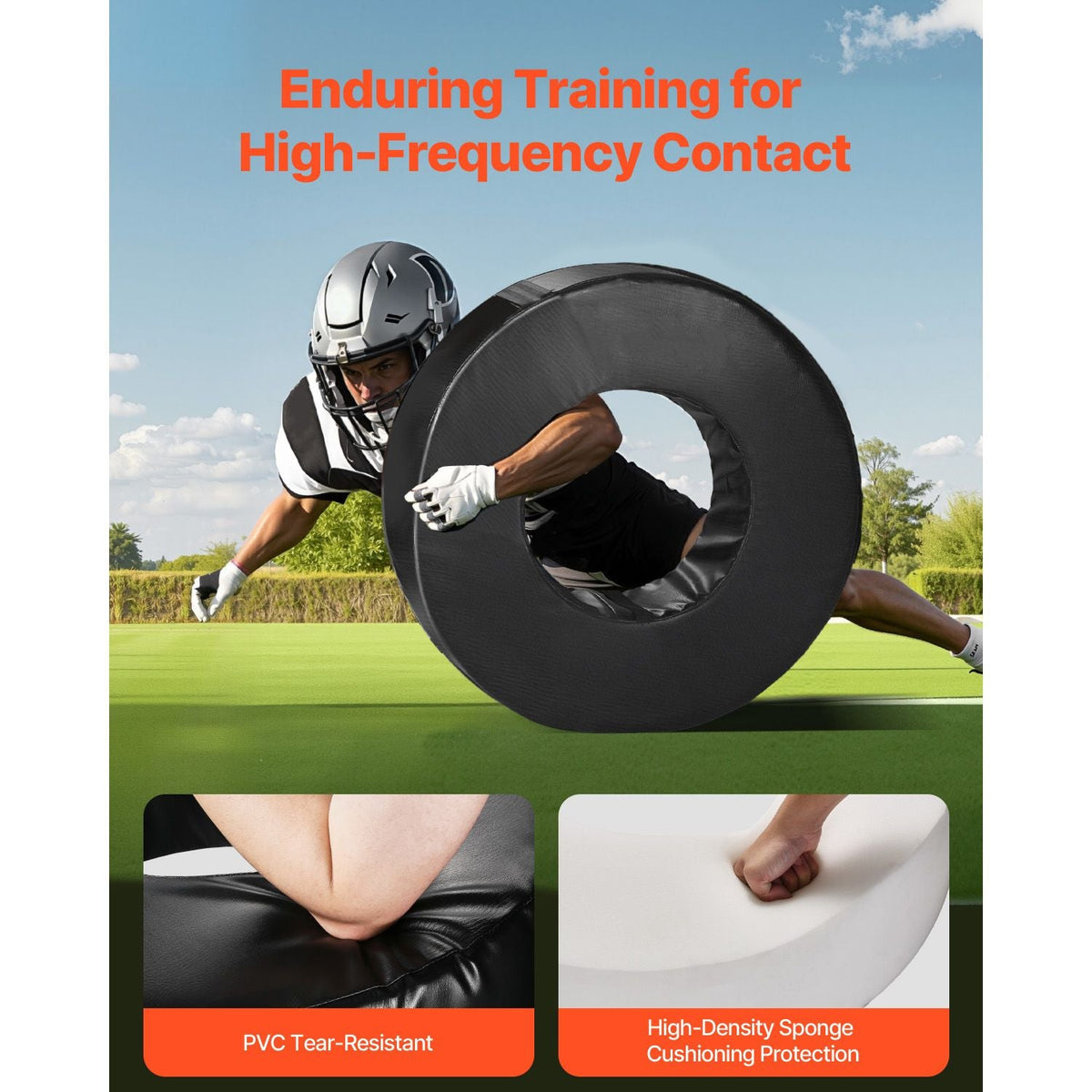 Football Tackle Wheel, Football Tackling Dummy, Waterproof PVC and High-Density Sponge Tackle Ring, Dummies Training Equipment with Straps, for Blocking, Hitting Drills and Practice, Black, 1PCS